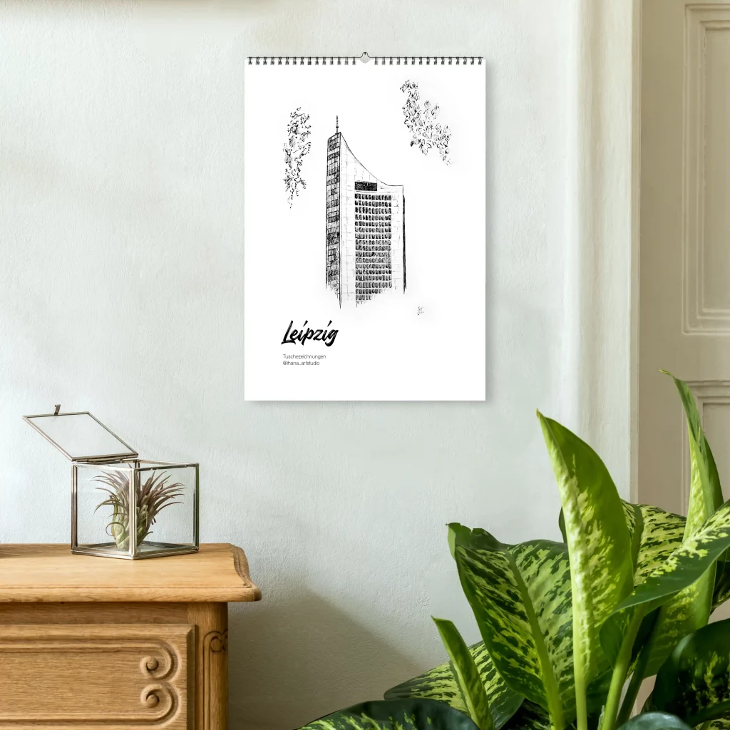 Titelbild des immerwährenden Kalender Leipzig, Zeichnung des Uniriesen Leipzig am Augustusplatz