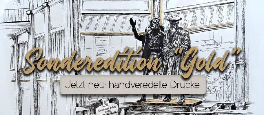 Die mit Gold handveredelten Kunstdrucke zeigen Motive aus der Leipziger Mädlerpassage.