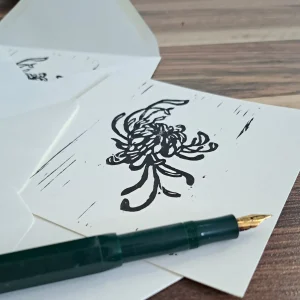 Linoldruck-Klappkarte Chrysantheme