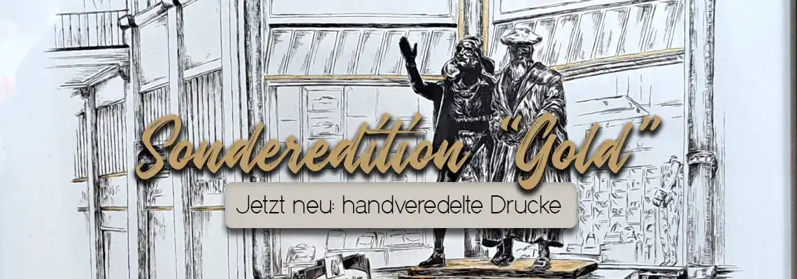 Die mit Gold handveredelten Kunstdrucke zeigen Motive aus der Leipziger Mädlerpassage.